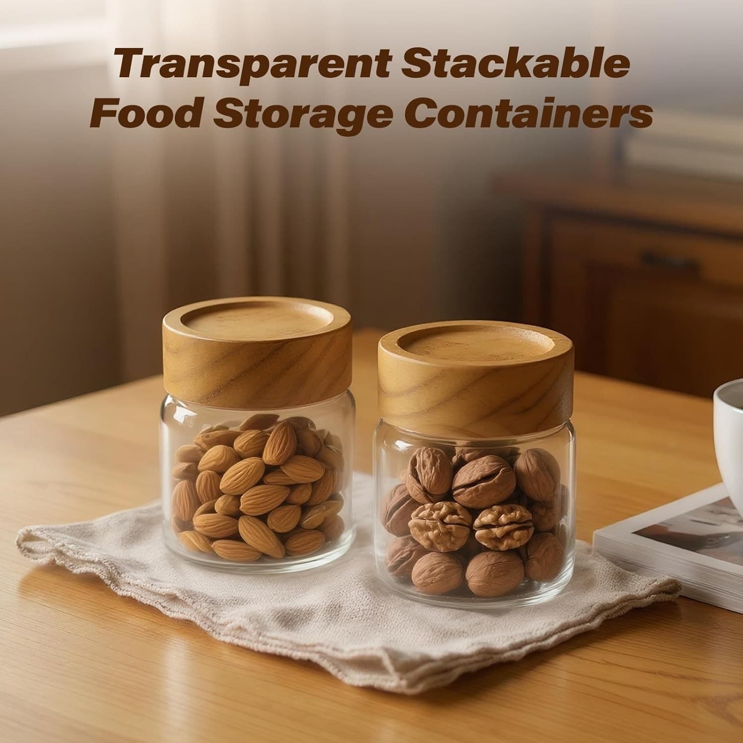 6-Pack 6 fl oz Airtight Food Sealed Jars with Acacia Wood Lids - Glass Meal Prep - Thumbnail 7