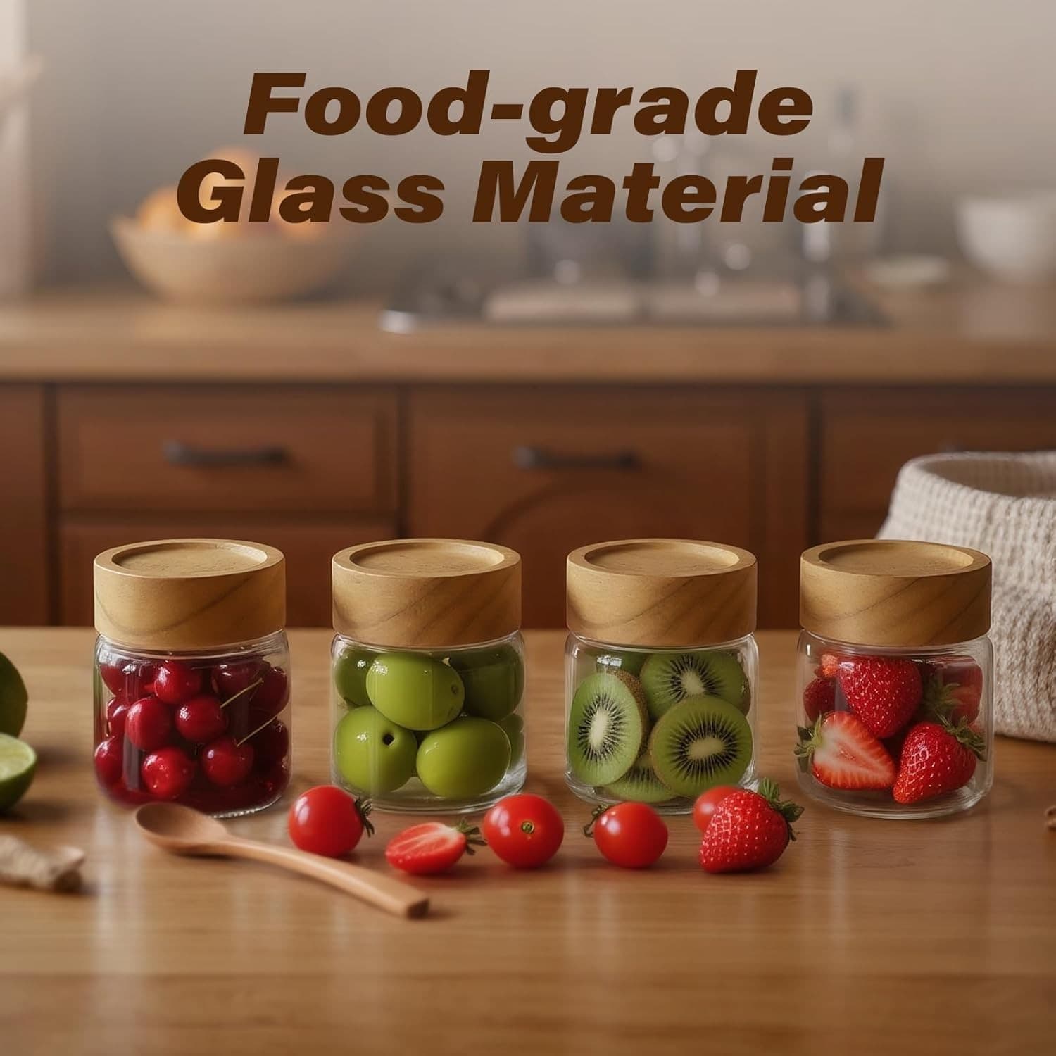 6-Pack 6 fl oz Airtight Food Sealed Jars with Acacia Wood Lids - Glass Meal Prep - Thumbnail 2