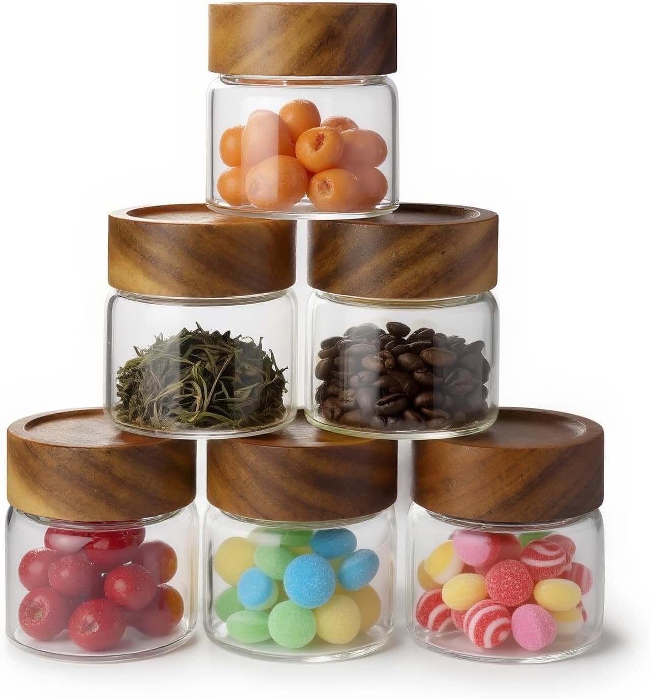 6-Pack 6 fl oz Airtight Food Sealed Jars with Acacia Wood Lids - Glass Meal Prep - Image 1