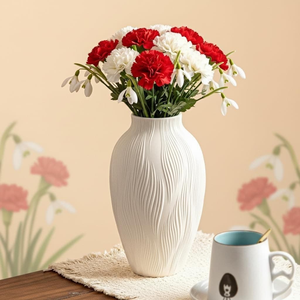 Windblown Texture Vase - White Matte Ceramic with Dynamic Lines, 9.2" Unique Flo