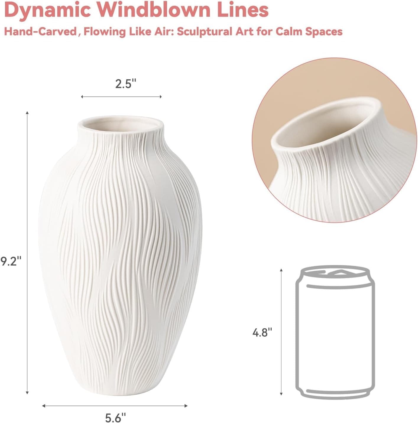Windblown Texture Vase - White Matte Ceramic with Dynamic Lines, 9.2" Unique Flo - Thumbnail 2