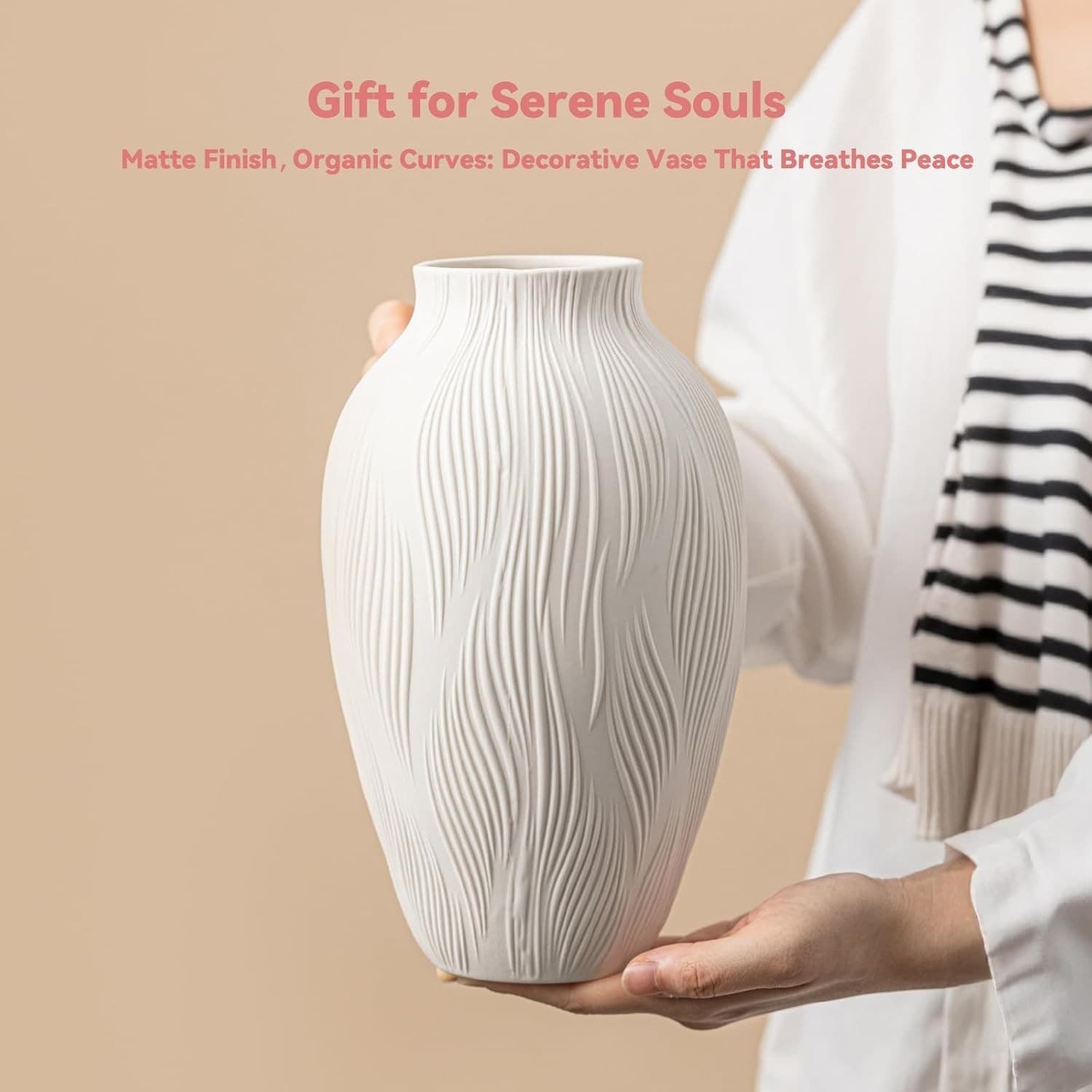Windblown Texture Vase - White Matte Ceramic with Dynamic Lines, 9.2" Unique Flo - Thumbnail 6