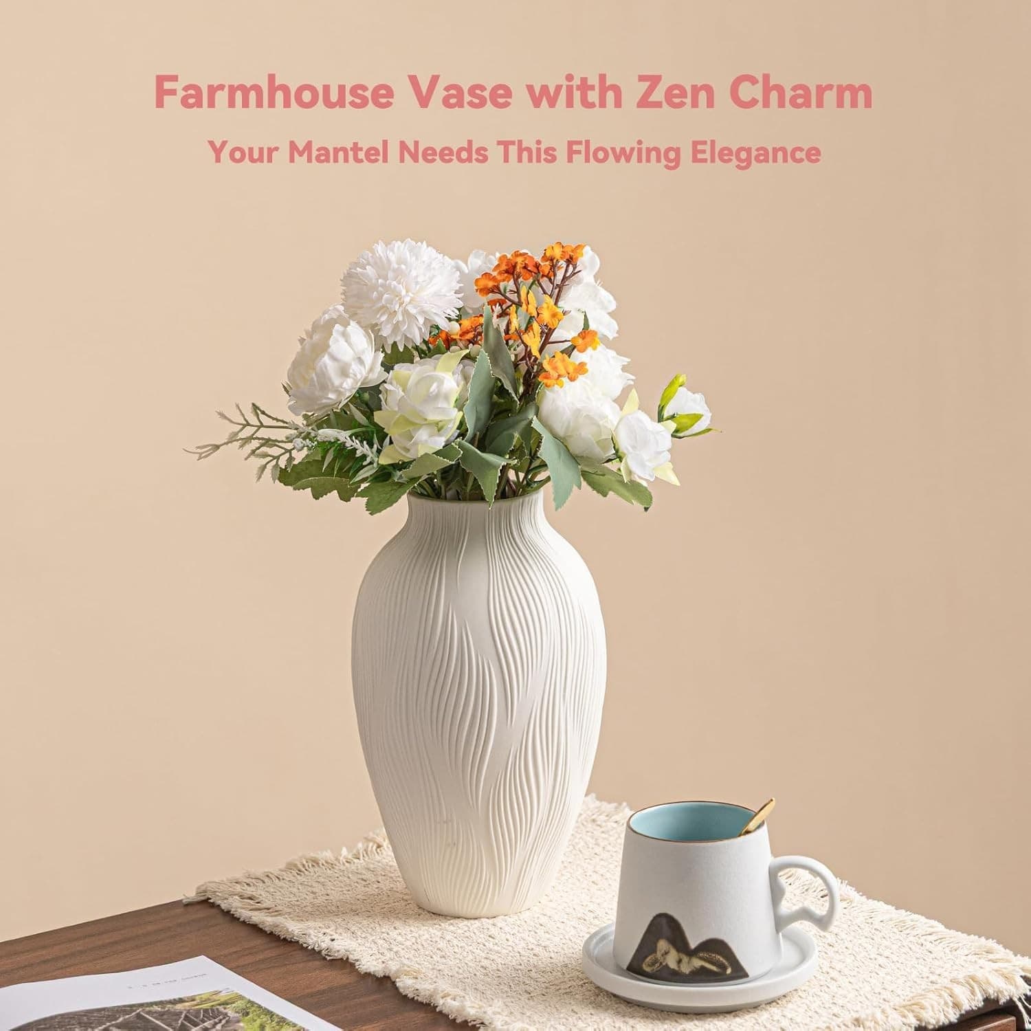 Windblown Texture Vase - White Matte Ceramic with Dynamic Lines, 9.2" Unique Flo - Thumbnail 9