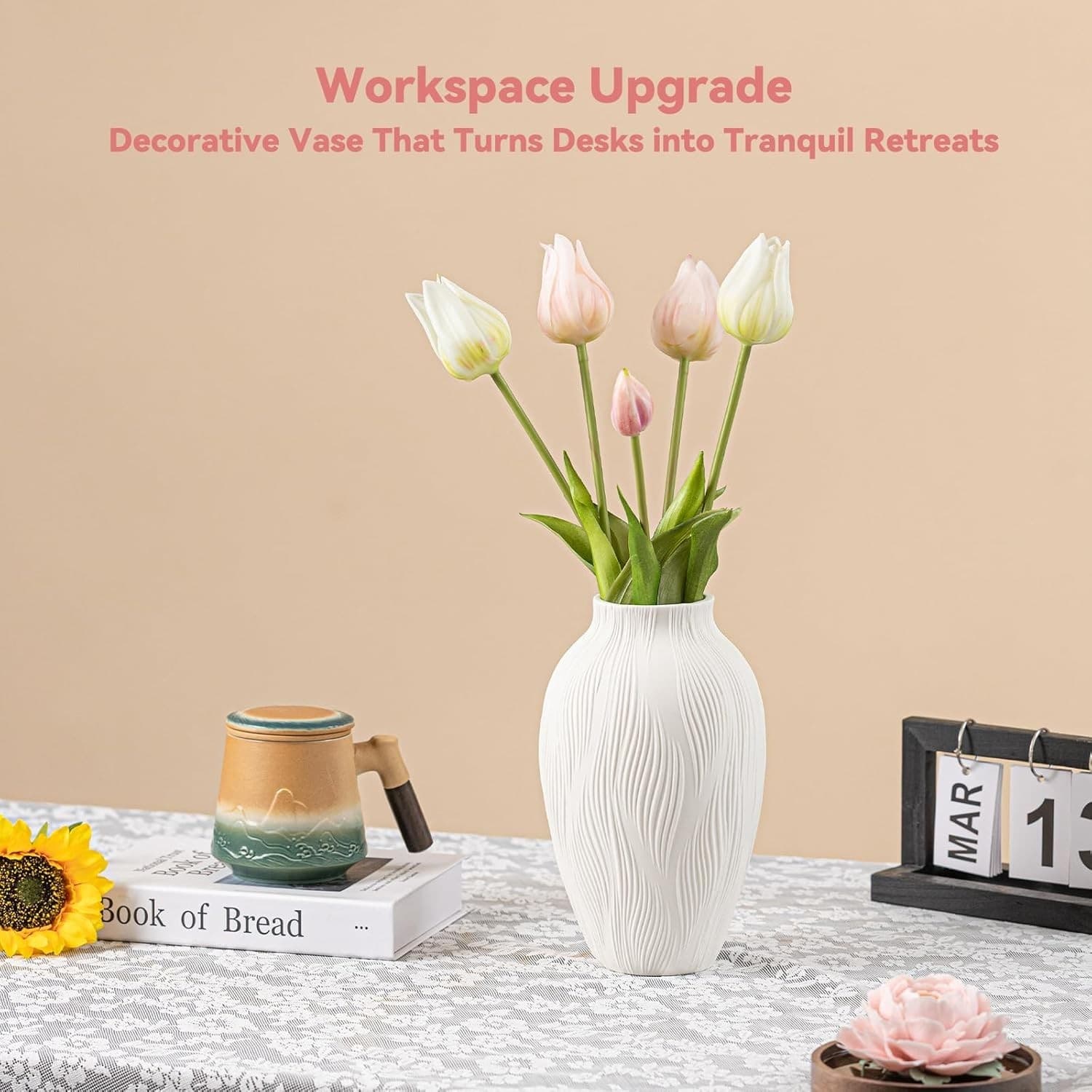 Windblown Texture Vase - White Matte Ceramic with Dynamic Lines, 9.2" Unique Flo - Thumbnail 5