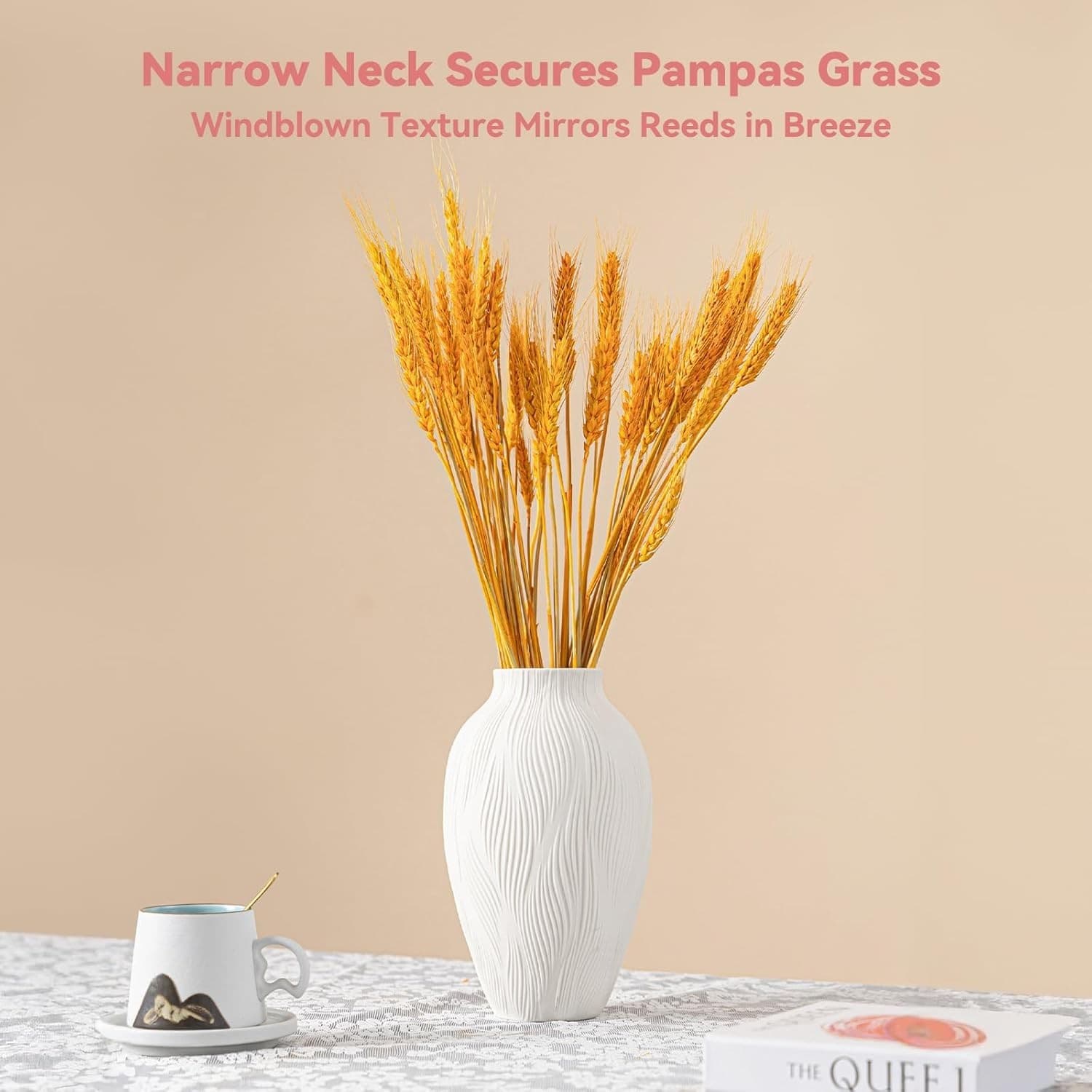 Windblown Texture Vase - White Matte Ceramic with Dynamic Lines, 9.2" Unique Flo - Thumbnail 3