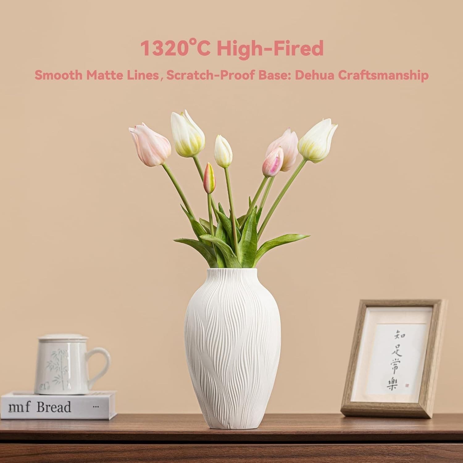Windblown Texture Vase - White Matte Ceramic with Dynamic Lines, 9.2" Unique Flo - Thumbnail 7