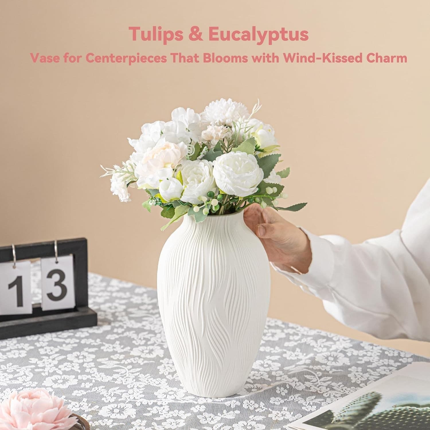 Windblown Texture Vase - White Matte Ceramic with Dynamic Lines, 9.2" Unique Flo - Thumbnail 4