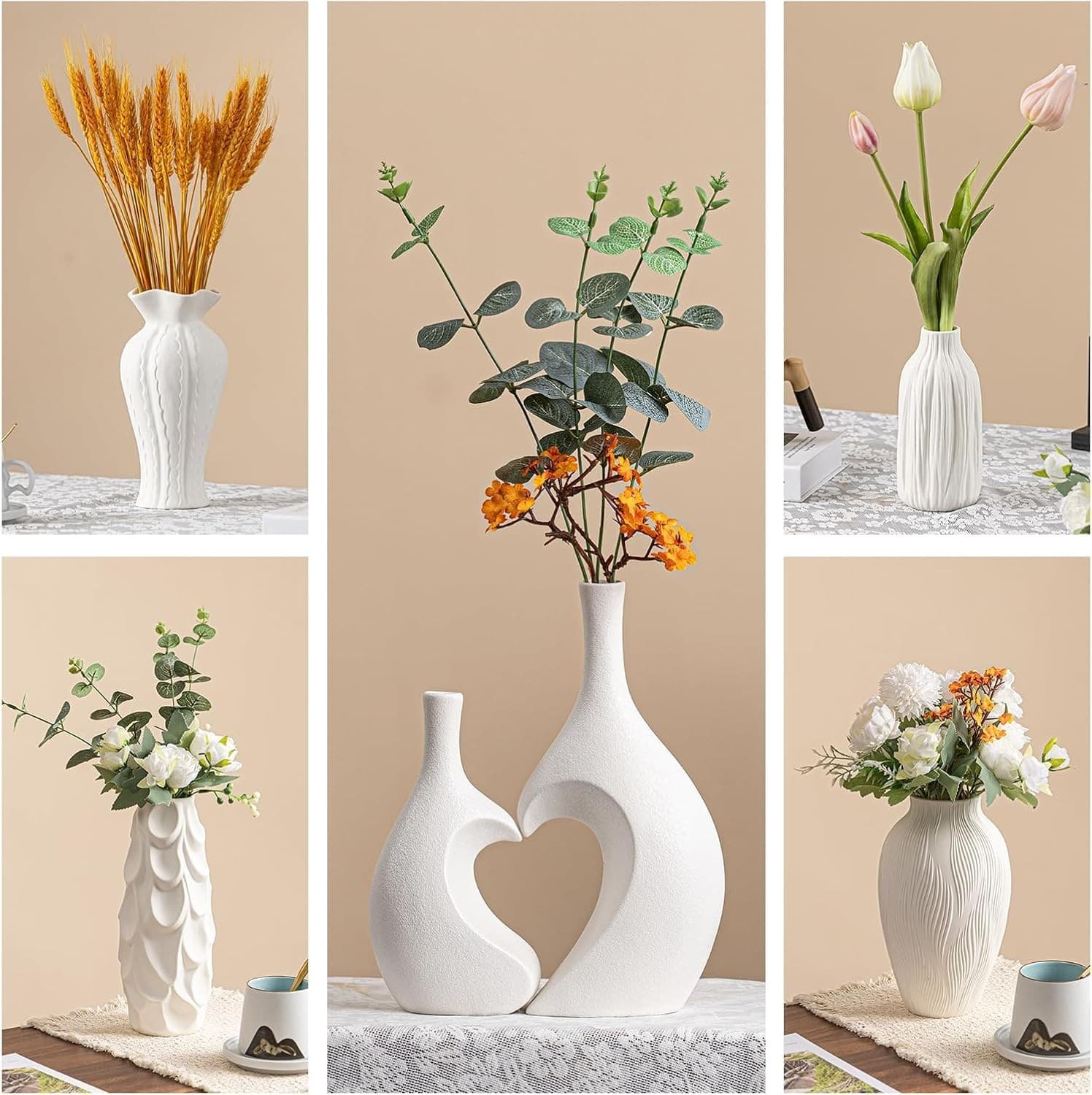 Windblown Texture Vase - White Matte Ceramic with Dynamic Lines, 9.2" Unique Flo - Thumbnail 8