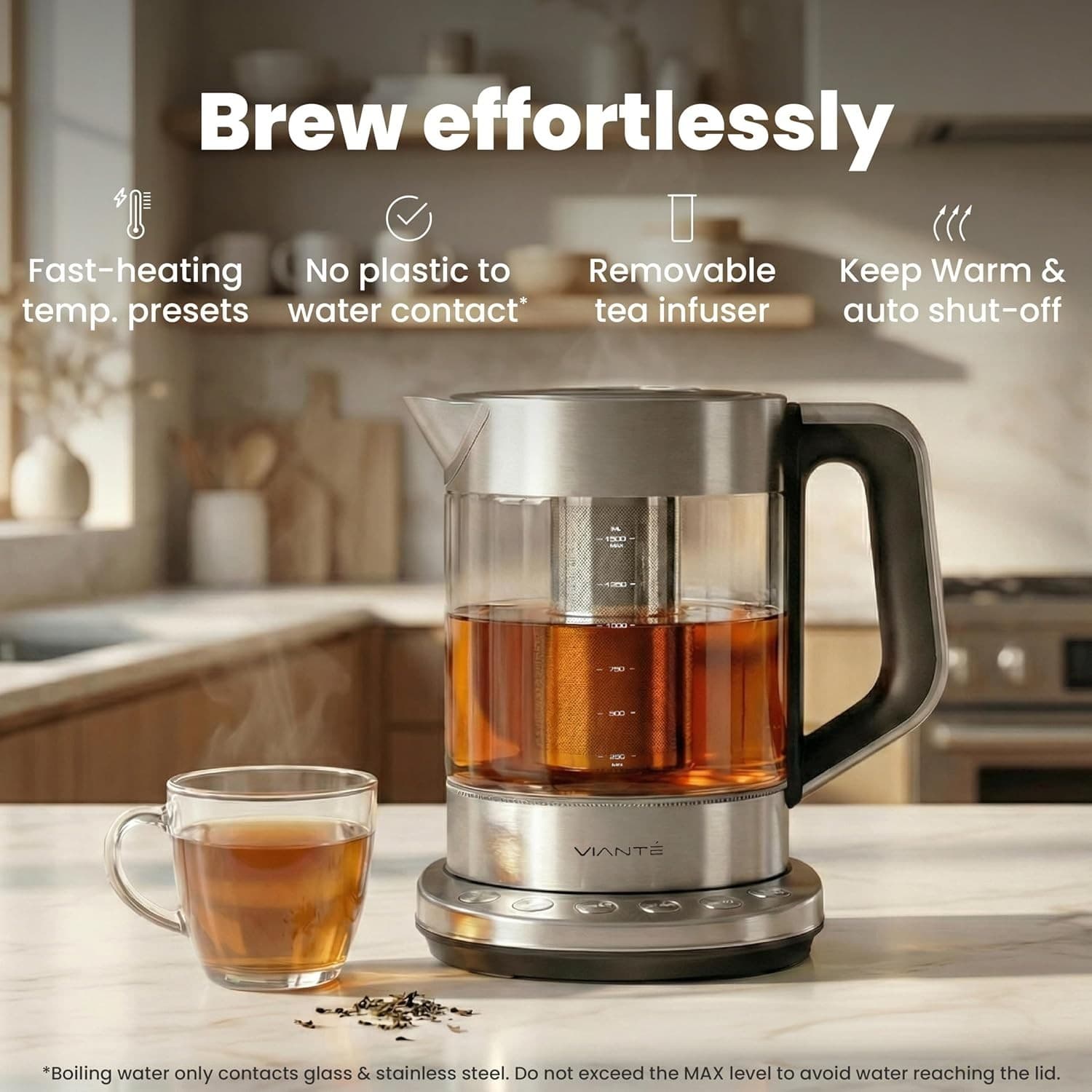 Vianté Electric Tea Kettle With Infuser for Loose Leaf, No Plastic In Contact Wi - Thumbnail 3