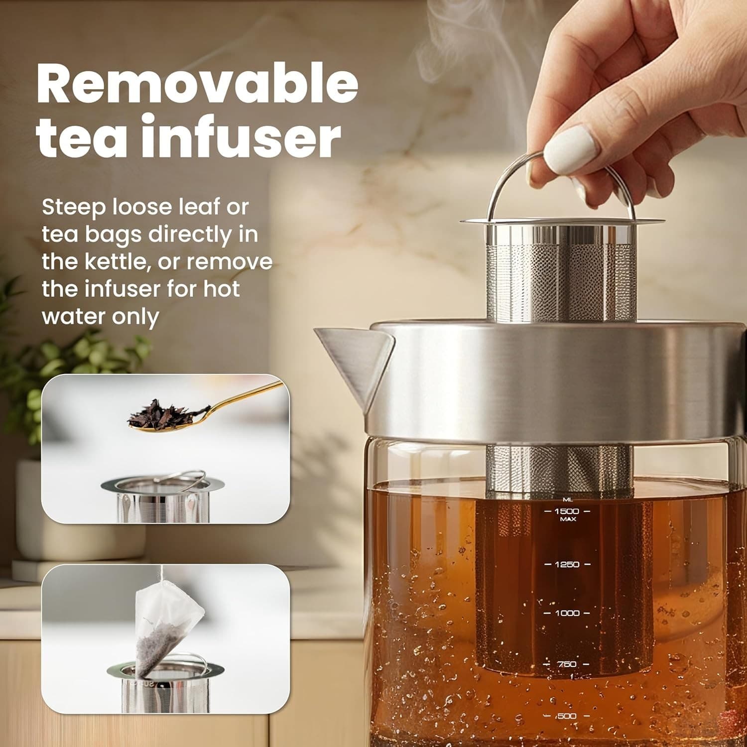 Vianté Electric Tea Kettle With Infuser for Loose Leaf, No Plastic In Contact Wi - Thumbnail 6