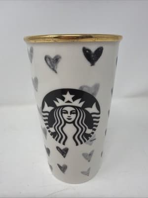Starbucks 2014 Black Gray Hearts Gold Trim Ceramic Tumbler & Lid 12 oz Travel Sz