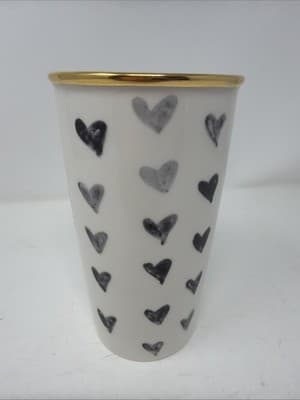 Starbucks 2014 Black Gray Hearts Gold Trim Ceramic Tumbler & Lid 12 oz Travel Sz - Thumbnail 3