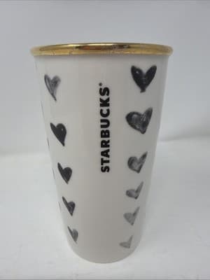 Starbucks 2014 Black Gray Hearts Gold Trim Ceramic Tumbler & Lid 12 oz Travel Sz - Thumbnail 2