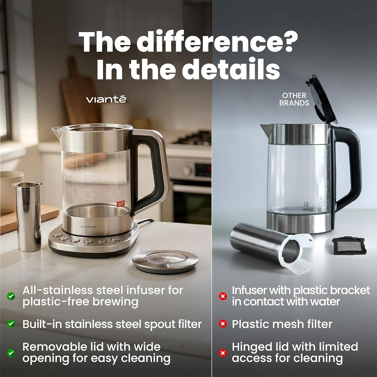 Vianté Electric Tea Kettle With Infuser for Loose Leaf, No Plastic In Contact Wi - Thumbnail 4