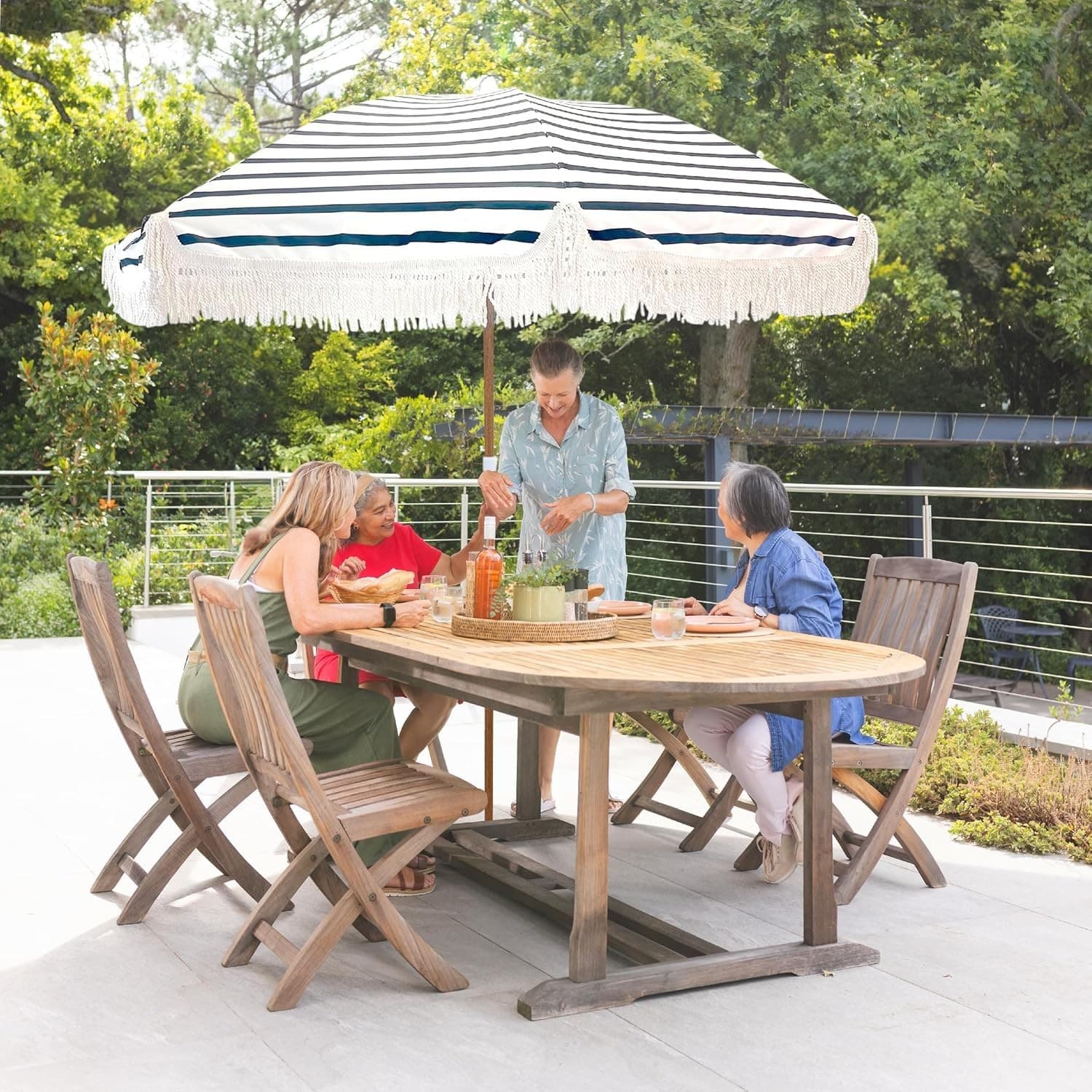Tassel Beach Umbrella 7 Foot – Designer Umbrella Fringed Tassels – Wood Grain - Thumbnail 5