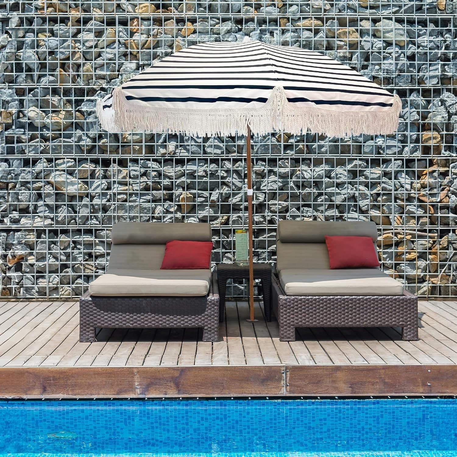 Tassel Beach Umbrella 7 Foot – Designer Umbrella Fringed Tassels – Wood Grain - Thumbnail 4