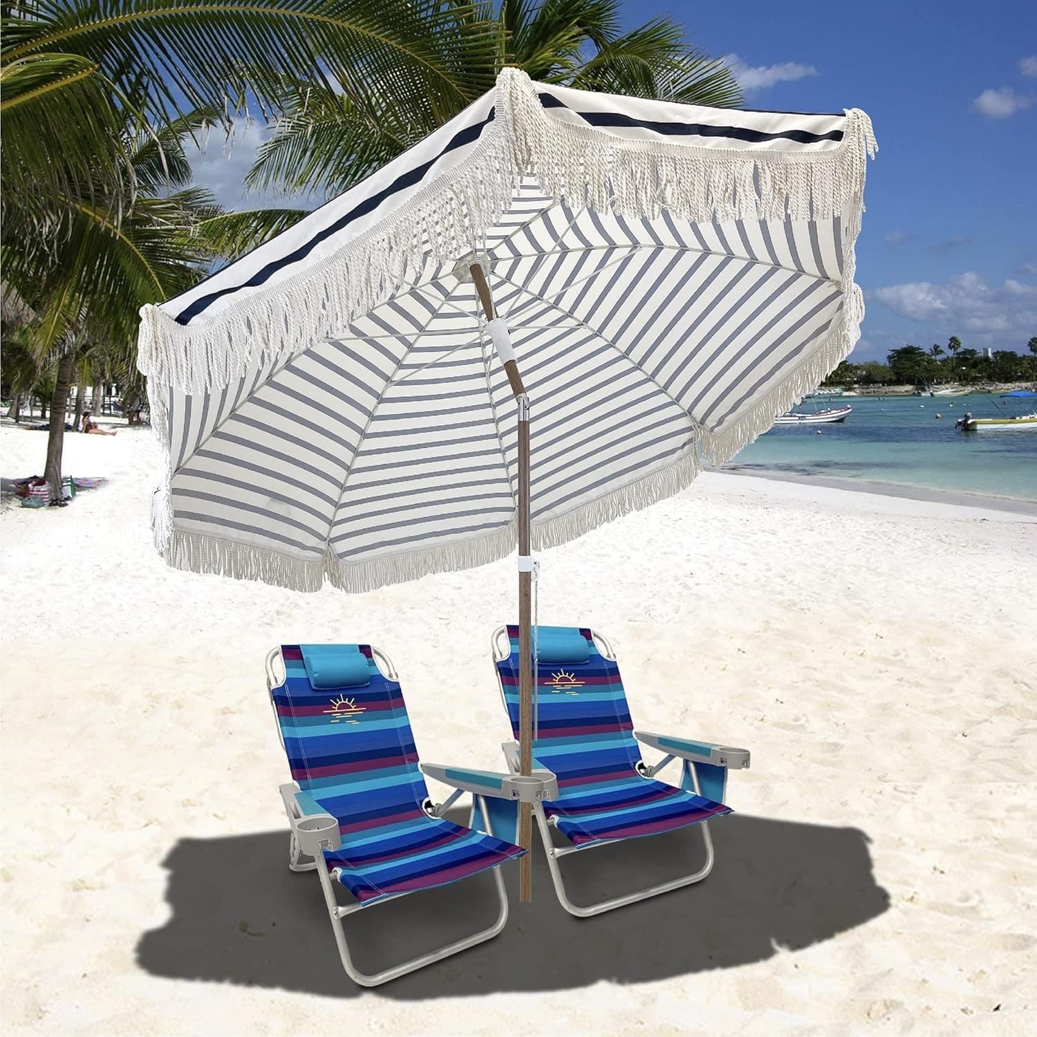 Tassel Beach Umbrella 7 Foot – Designer Umbrella Fringed Tassels – Wood Grain - Thumbnail 2