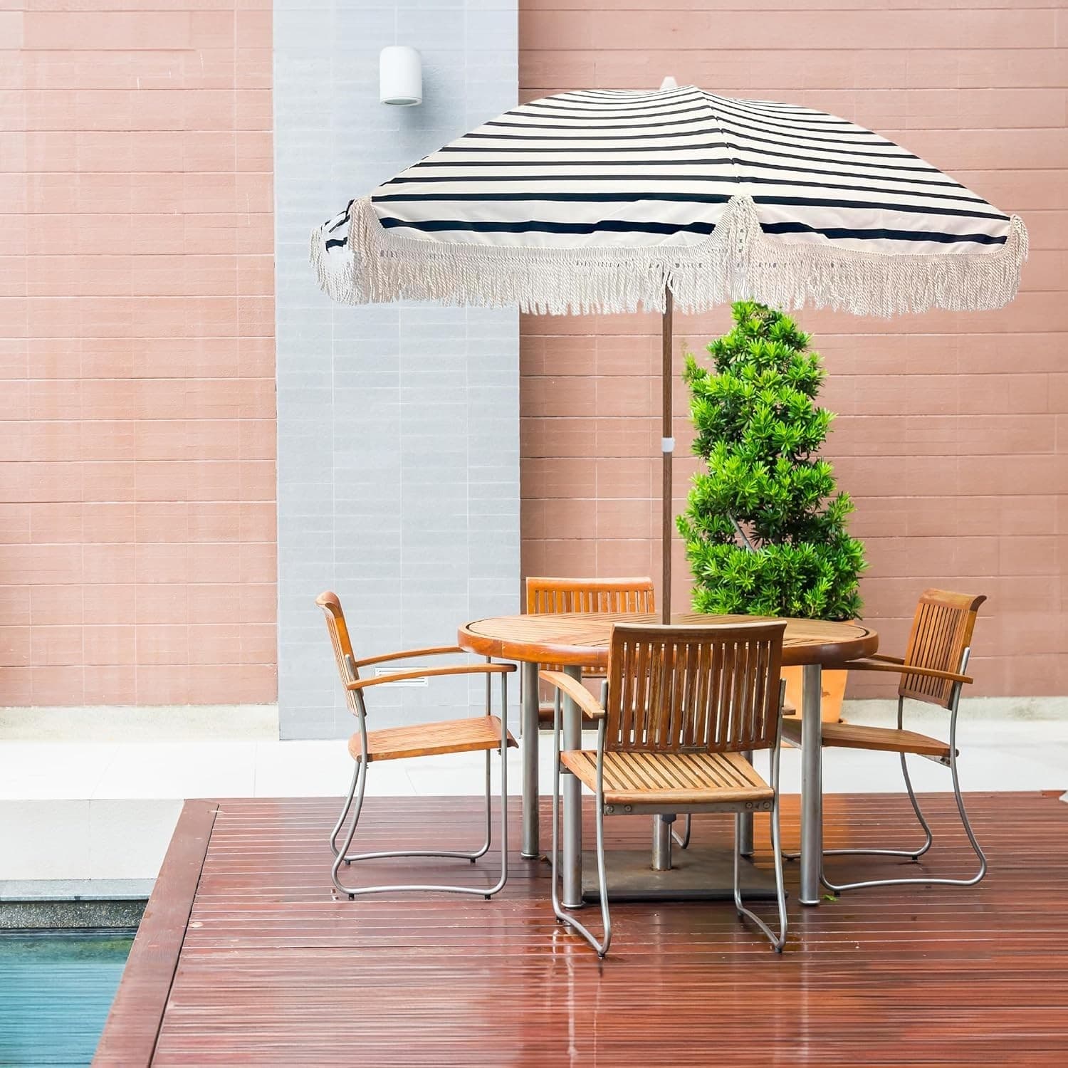 Tassel Beach Umbrella 7 Foot – Designer Umbrella Fringed Tassels – Wood Grain - Thumbnail 3