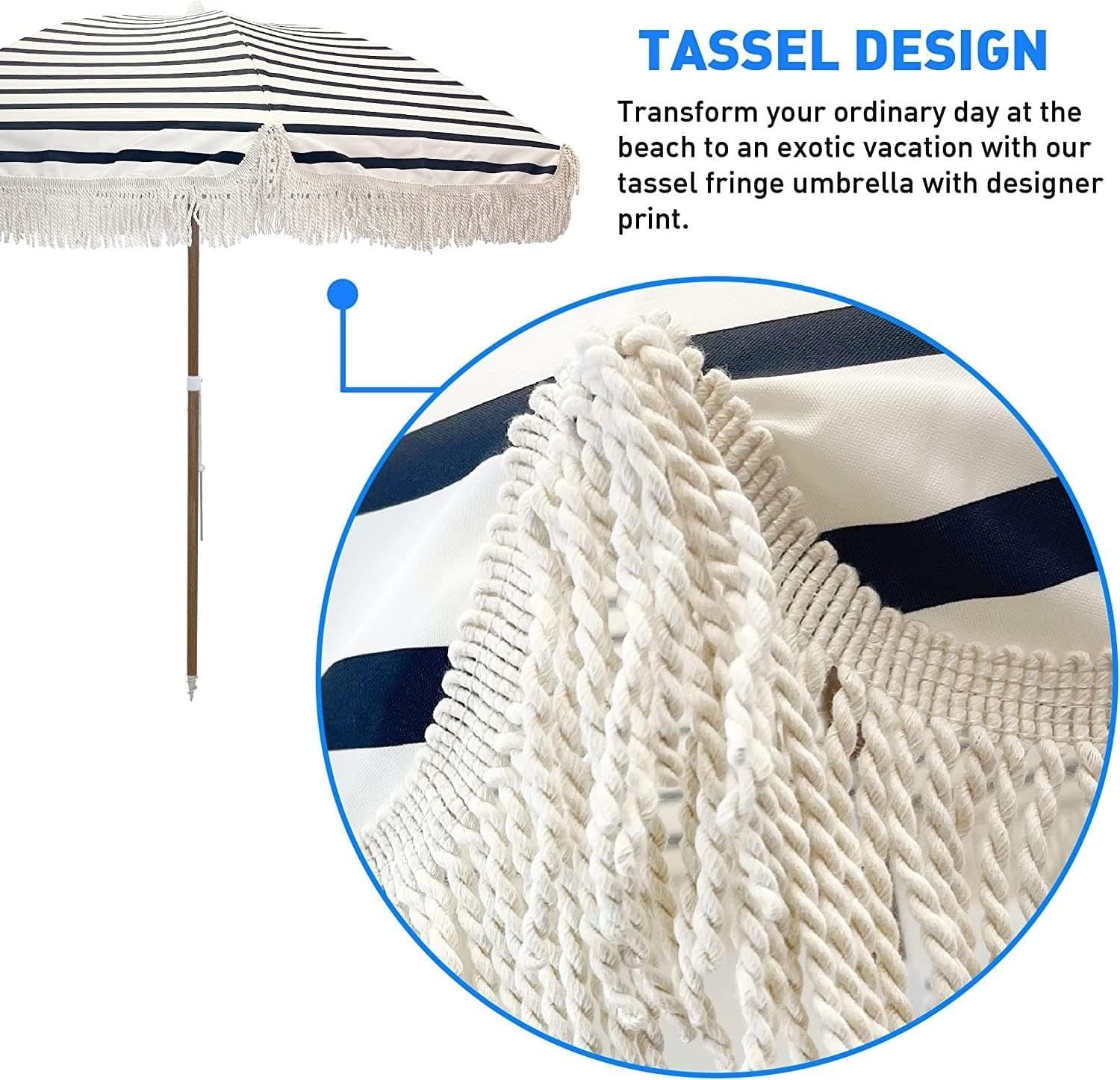 Tassel Beach Umbrella 7 Foot – Designer Umbrella Fringed Tassels – Wood Grain - Thumbnail 7