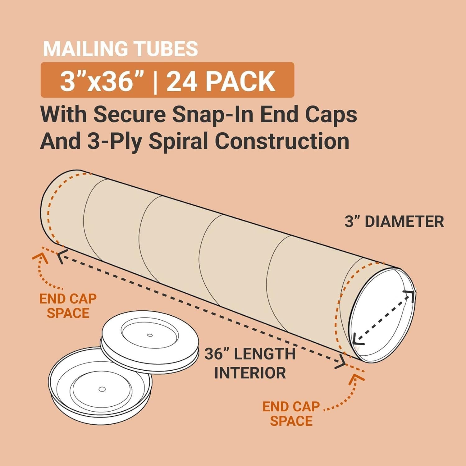 BOX USA Cardboard Tubes with Caps, 36"L x 3"W x 3"H, Pack of 24 Poster Tube for - Thumbnail 2