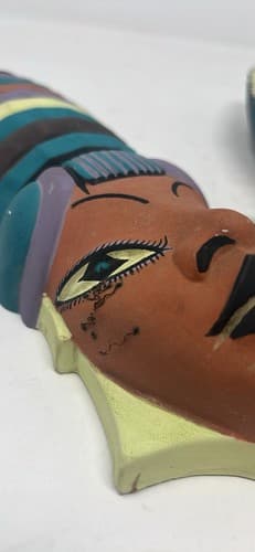 Pair of signed Boehm 1957 tribal African hanging terra-cotta face masks - Thumbnail 5