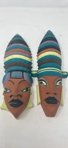 Pair of signed Boehm 1957 tribal African hanging terra-cotta face masks - Thumbnail 2