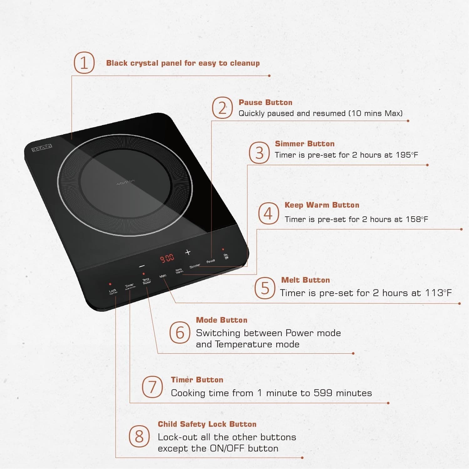 Empava Portable Induction Hot Plate Cooktop, Single 1 Burner Countertop Cooker, - Thumbnail 3