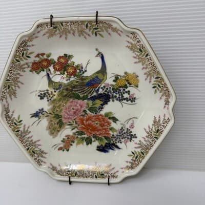 Antique Japanese Ceramic Plate With Peacock and Flowers Trimmed In Gold 8” - Thumbnail 2
