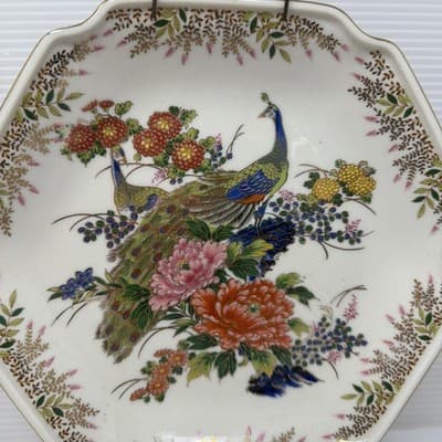 Antique Japanese Ceramic Plate With Peacock and Flowers Trimmed In Gold 8” - Thumbnail 3