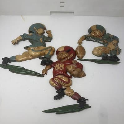 Set of 3 Homco 1976 USA Football Player Wall Hanging Cast Iron Metal Sport Decor