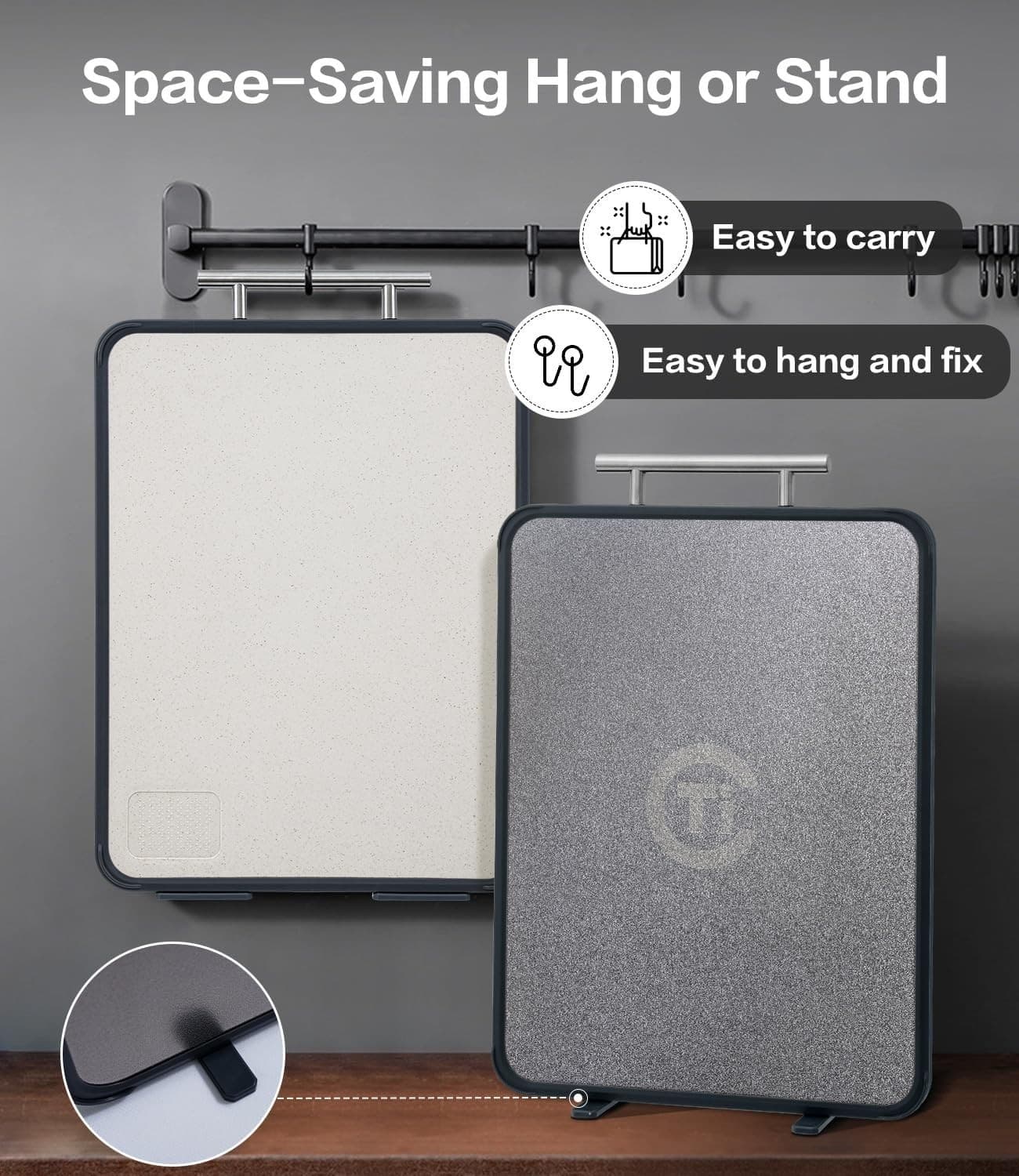 Titanium Cutting Board for Kitchen- Double Sided Cutting Board with Stand, Textu - Thumbnail 3