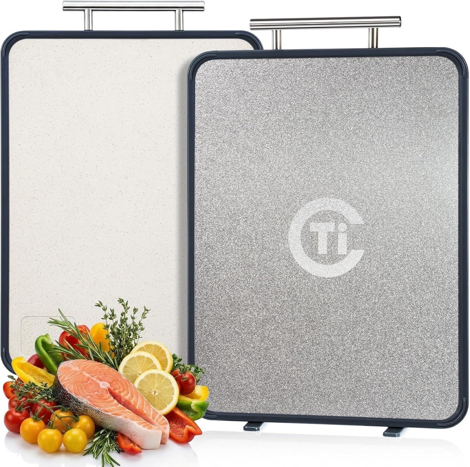 Titanium Cutting Board for Kitchen- Double Sided Cutting Board with Stand, Textu