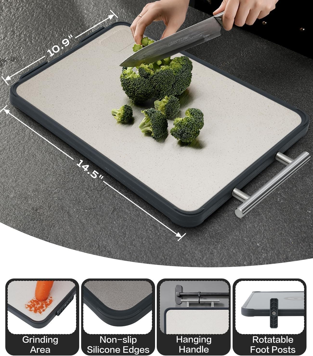 Titanium Cutting Board for Kitchen- Double Sided Cutting Board with Stand, Textu - Thumbnail 2