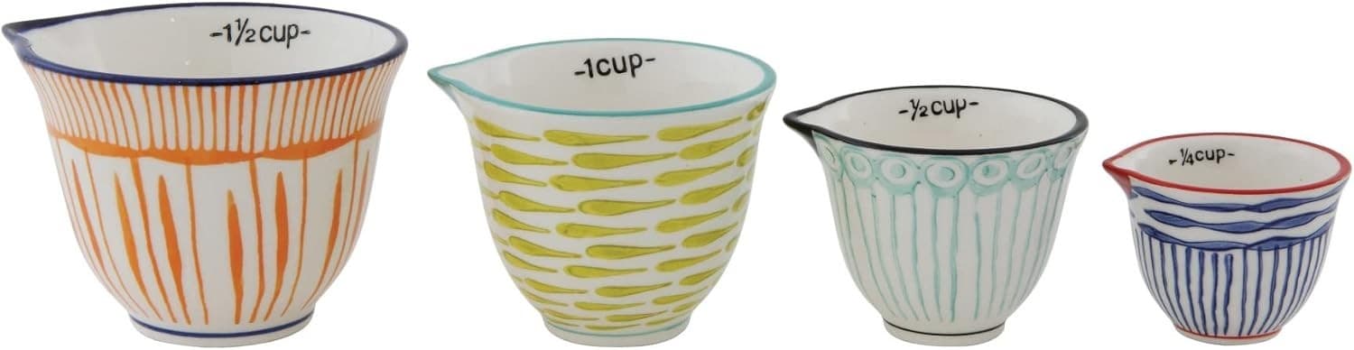 Creative Co-Op Hand Stamped Striped Stoneware Measuring Cups (Set of 4 Sizes/Des