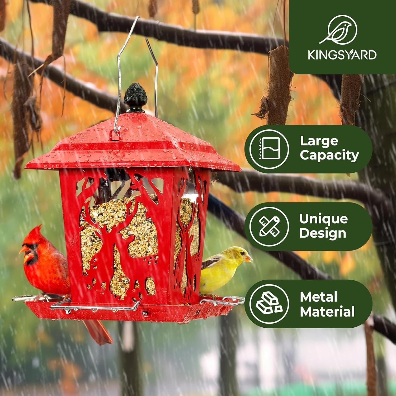 Kingsyard Metal Bird Feeder for Outdoor Hanging - Unique Design Wild Bird Hopper - Thumbnail 3