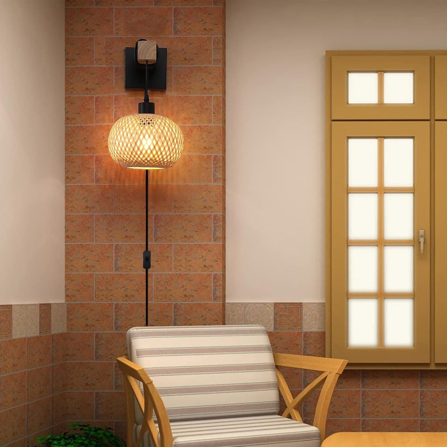 Farmhouse Rattan Plug in Wall Sconces, Rustic Hand-Woven Bamboo Shade & Wood Bea - Thumbnail 3