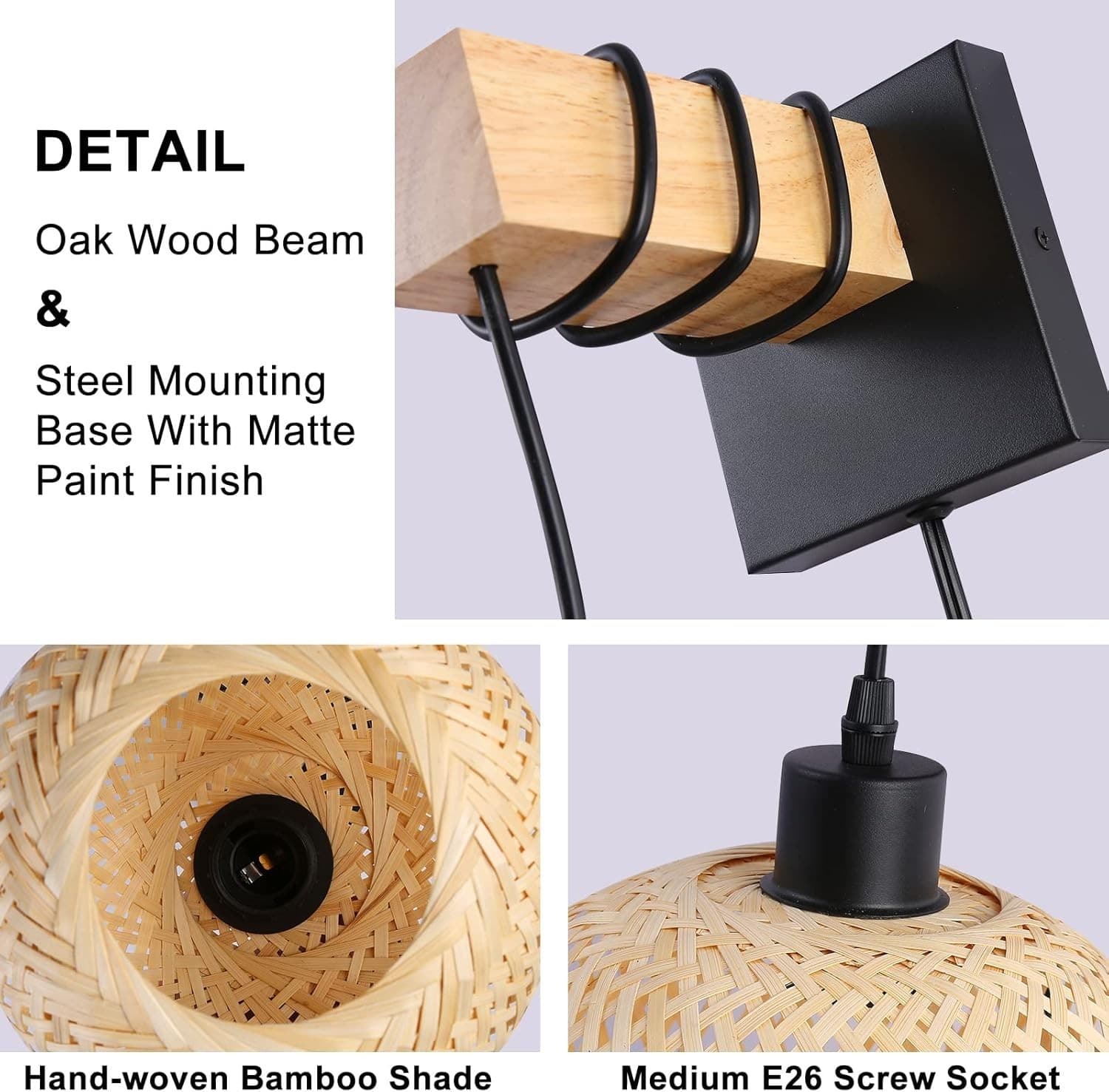 Farmhouse Rattan Plug in Wall Sconces, Rustic Hand-Woven Bamboo Shade & Wood Bea - Thumbnail 7