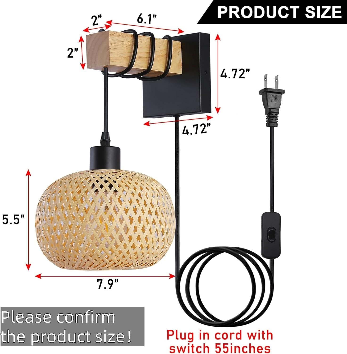 Farmhouse Rattan Plug in Wall Sconces, Rustic Hand-Woven Bamboo Shade & Wood Bea - Thumbnail 6