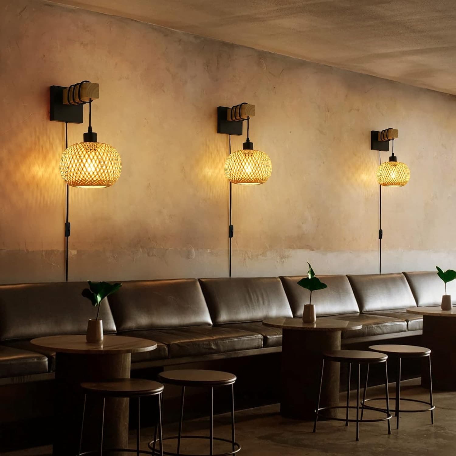 Farmhouse Rattan Plug in Wall Sconces, Rustic Hand-Woven Bamboo Shade & Wood Bea - Thumbnail 4