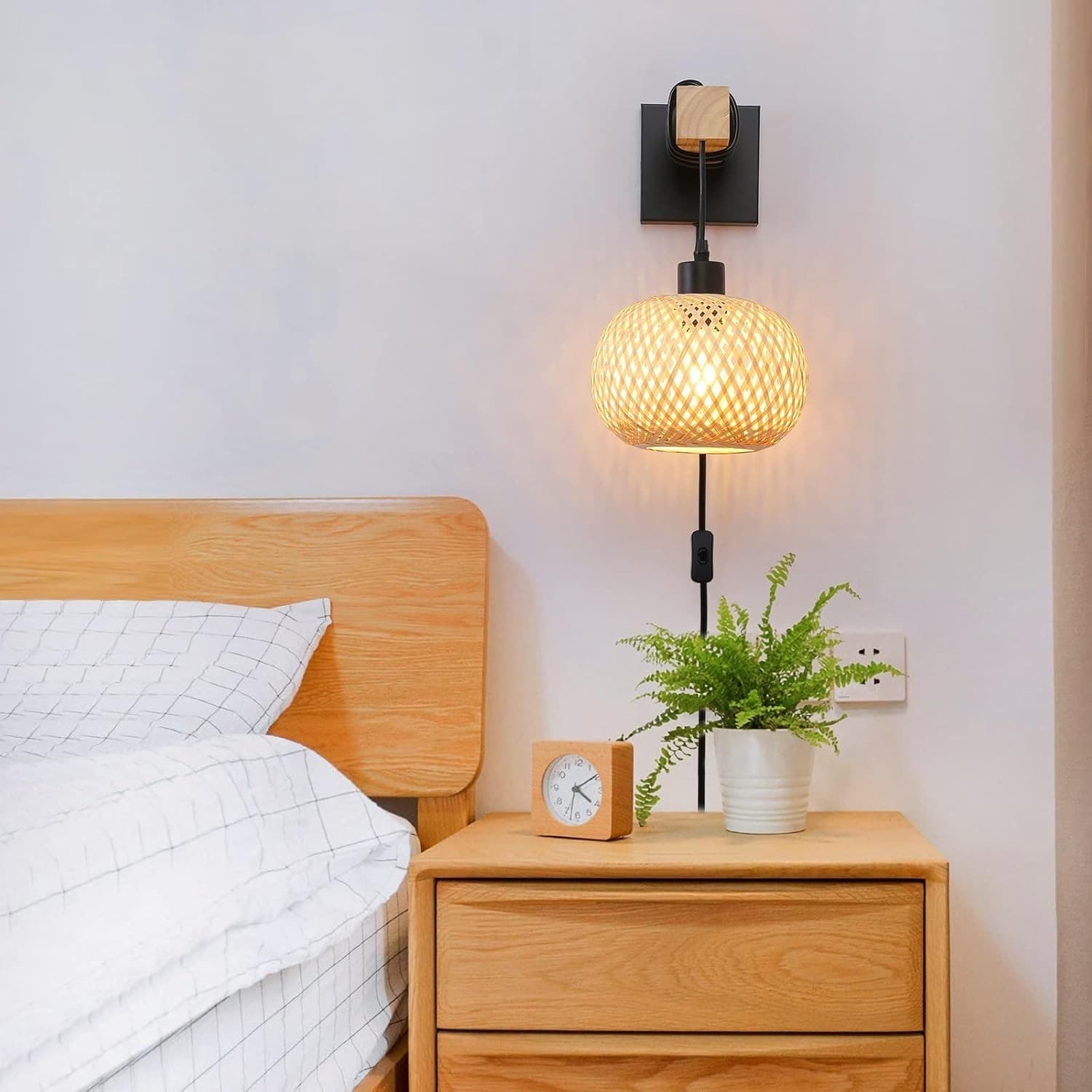 Farmhouse Rattan Plug in Wall Sconces, Rustic Hand-Woven Bamboo Shade & Wood Bea - Thumbnail 5