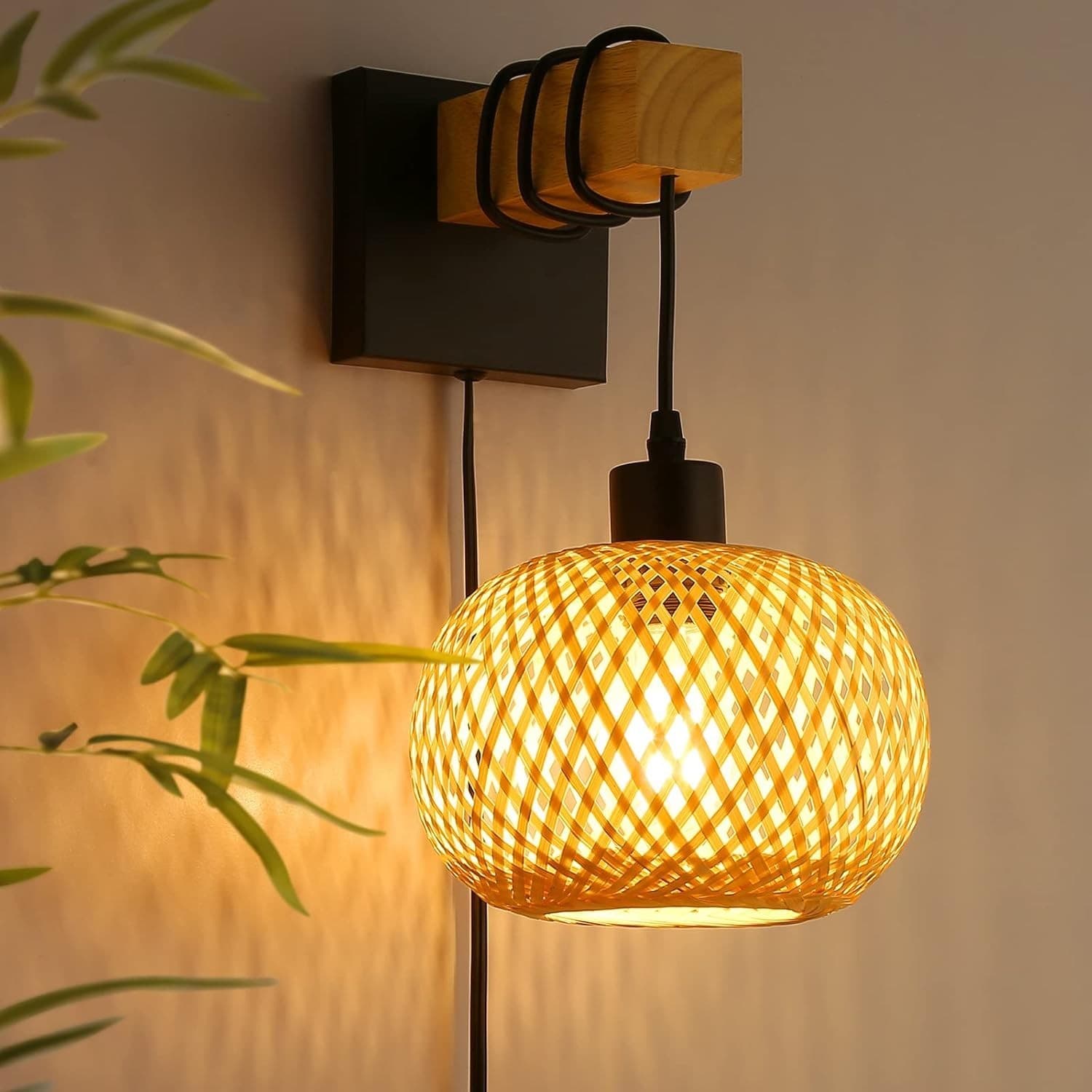 Farmhouse Rattan Plug in Wall Sconces, Rustic Hand-Woven Bamboo Shade & Wood Bea