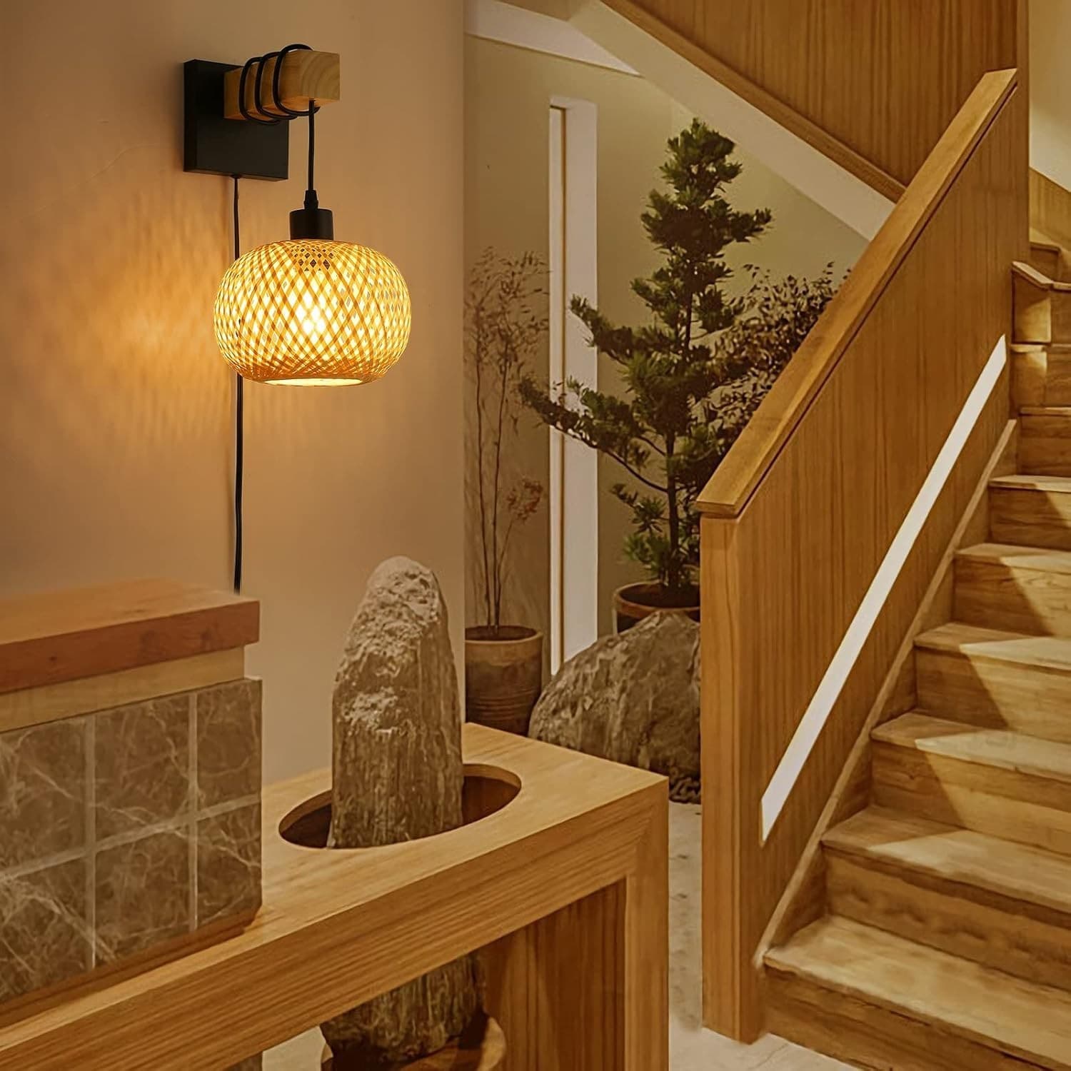 Farmhouse Rattan Plug in Wall Sconces, Rustic Hand-Woven Bamboo Shade & Wood Bea - Thumbnail 2