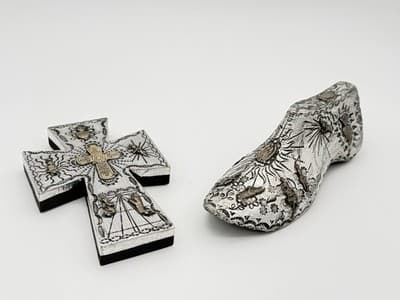 Vintage Mexican Folk Art Embossed Metal Milagros Sacred Heart Cross & Shoe - Image 1
