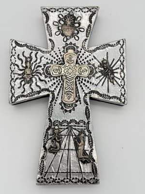 Vintage Mexican Folk Art Embossed Metal Milagros Sacred Heart Cross & Shoe - Thumbnail 3