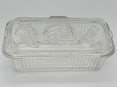 Vintage 1940's Federal Glass Clear Refrigerator Dish W/Lid Embossed Vegetables - Image 1