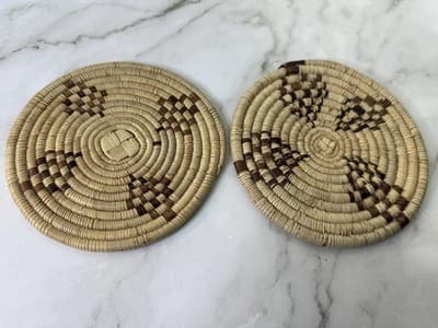 12” Handwoven African Coiled Raffia Basket Woven Round Trivet Placemat Plate - Image 1