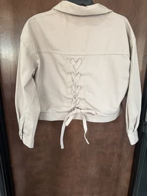 NWT COLZA Muted Pink Cropped Denim Jacket Corset Back BCI Cotton Size S Women’s - Thumbnail 3