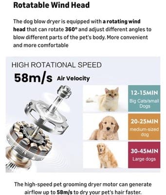 Portable Handheld Pet Hair Dryer, 3 Temp Settings & 3 Attachments New In Box - Thumbnail 2