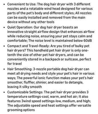 Portable Handheld Pet Hair Dryer, 3 Temp Settings & 3 Attachments New In Box - Thumbnail 6