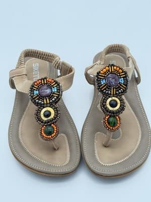 SIKETU Beaded Boho Thong Sandals Beige Multi-Stone Women Sz 37/7 - Image 1